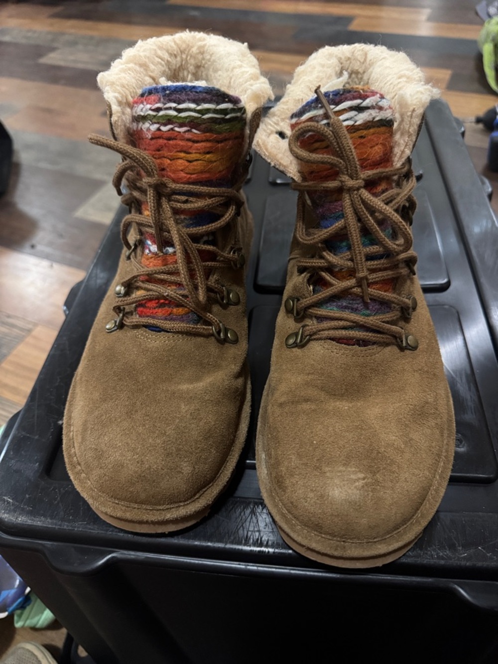 BearPaw Tan Suede Faux-Shearling Lace-Up Boot with Colorful Knit Accent